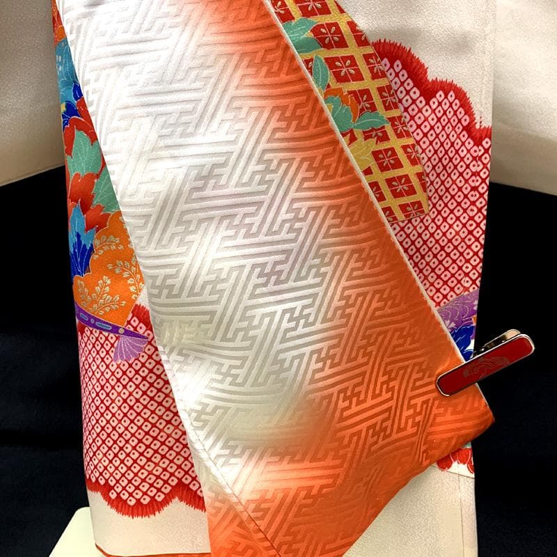 512ag34□七五三 七歳 女児 着物&袋帯 扇 鹿の子 白□状態良好