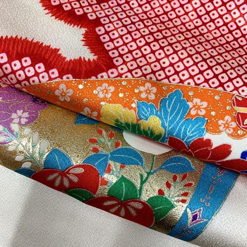 512ag34□七五三 七歳 女児 着物&袋帯 扇 鹿の子 白□状態良好