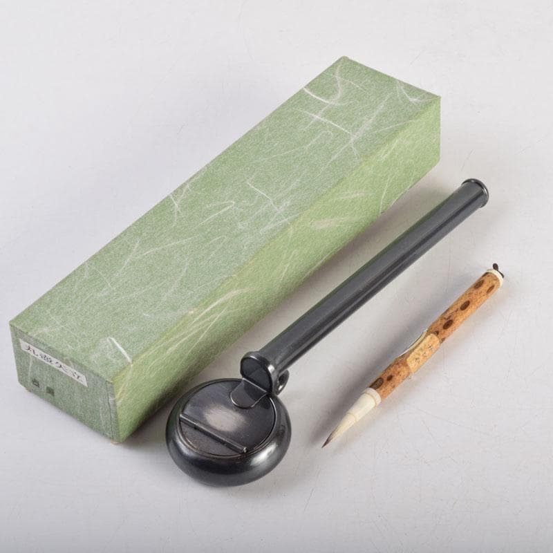 時代提げ物　書道具　古銅　華石作　丸壺矢立　筆付　C　8873