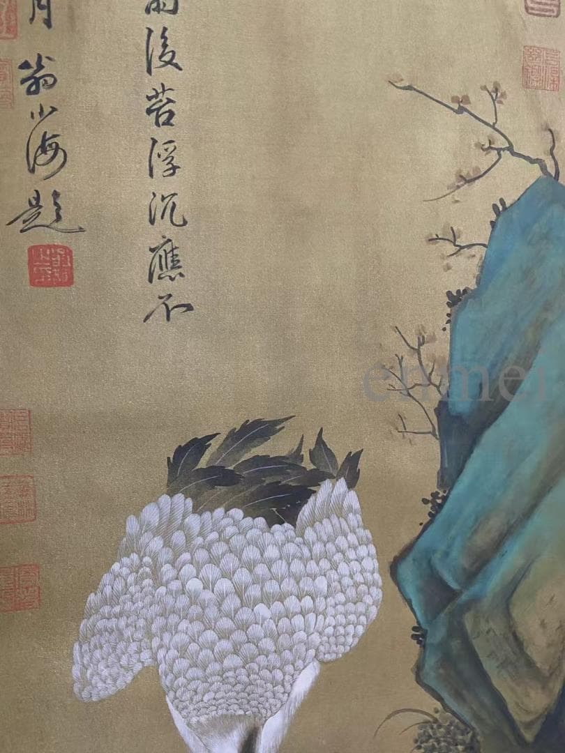 中国古美術・旧藏・沈周款・大三尺中堂鶴画・純手描き・絹本掛軸・明代水墨・收藏品