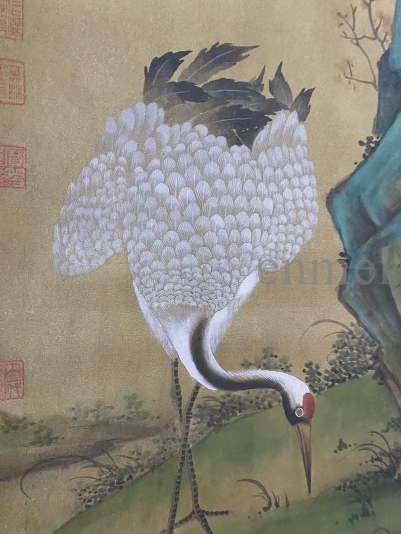 中国古美術・旧藏・沈周款・大三尺中堂鶴画・純手描き・絹本掛軸・明代水墨・收藏品