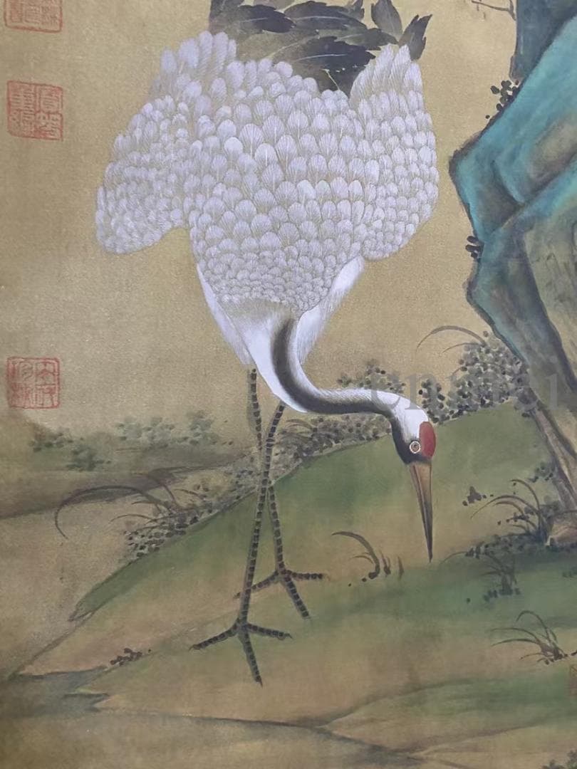 中国古美術・旧藏・沈周款・大三尺中堂鶴画・純手描き・絹本掛軸・明代水墨・收藏品