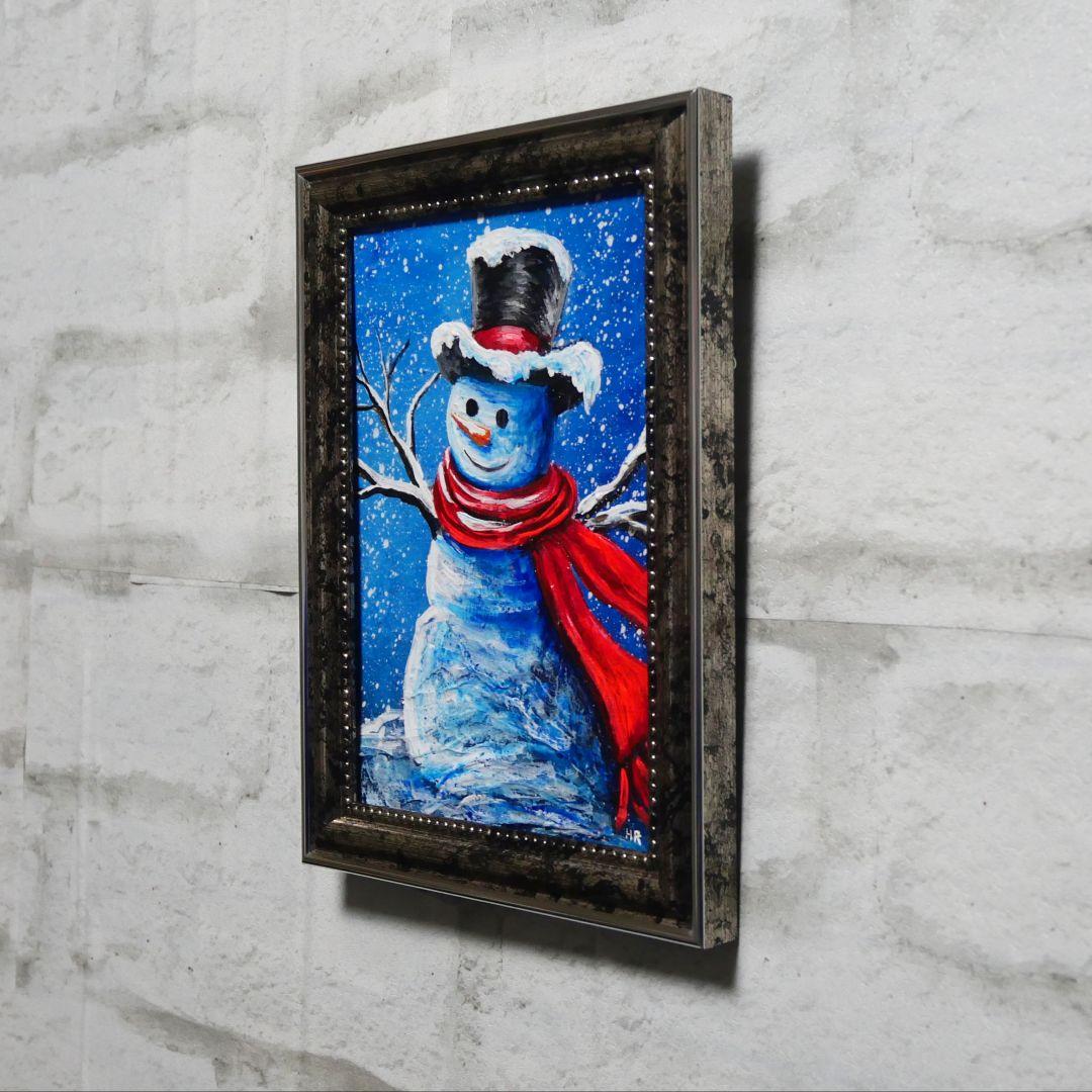 【赤いマフラーの雪だるま】絵画 油彩 油彩画 絵 油絵