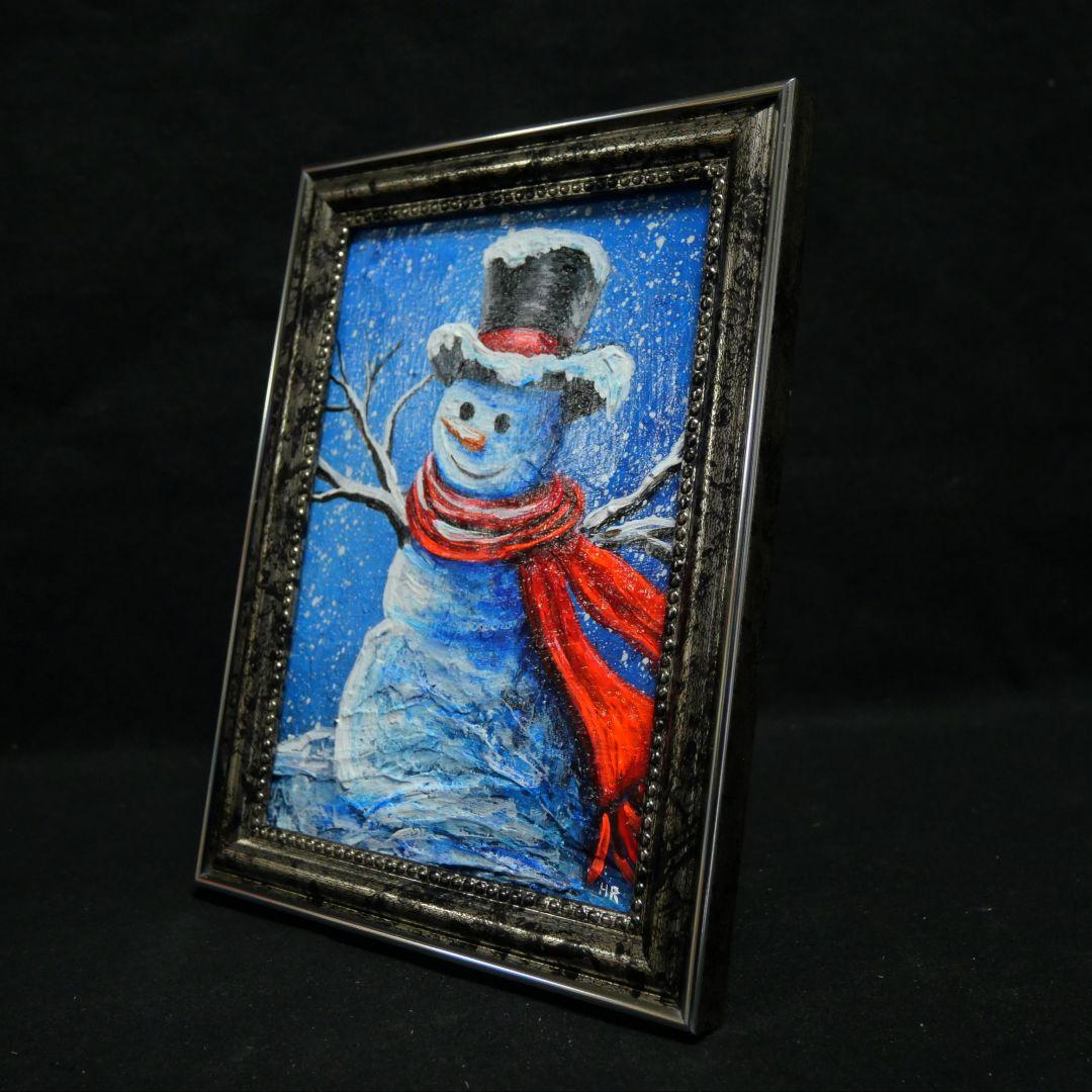 【赤いマフラーの雪だるま】絵画 油彩 油彩画 絵 油絵