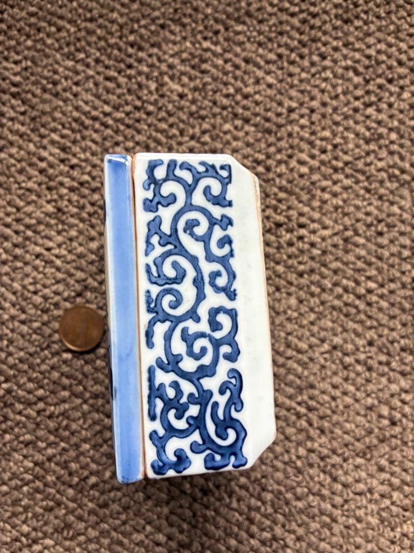 花鳥模様の陶器製小箱　食鉢　寿峰作　木箱付き　昭和