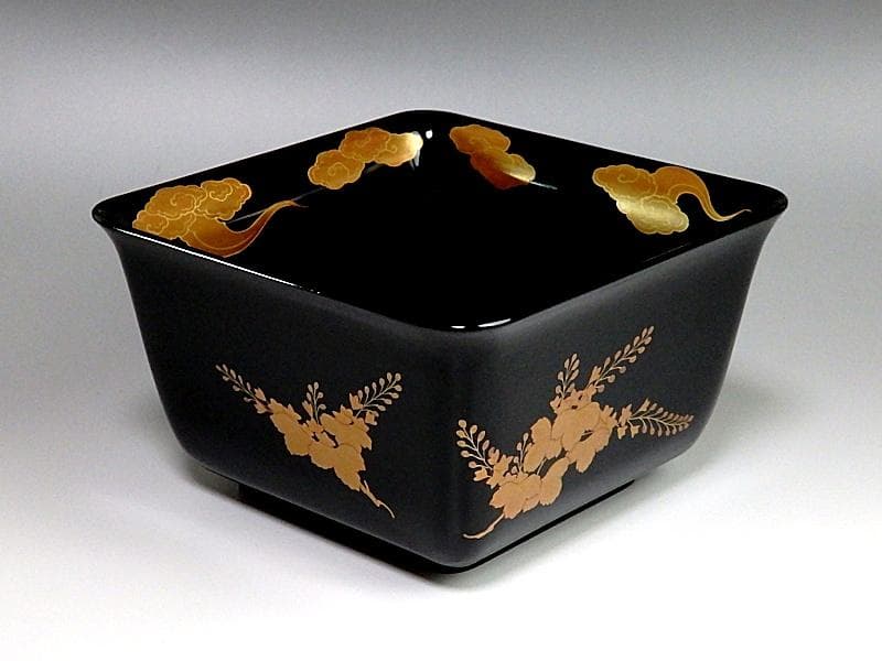 黒地桐雲鳳凰蒔絵　菓子器　明治期　木製品　N155A-EEa