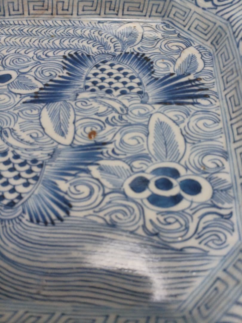 骨董伊万里　線描　染付　鳳凰文　角皿　隅切　1客