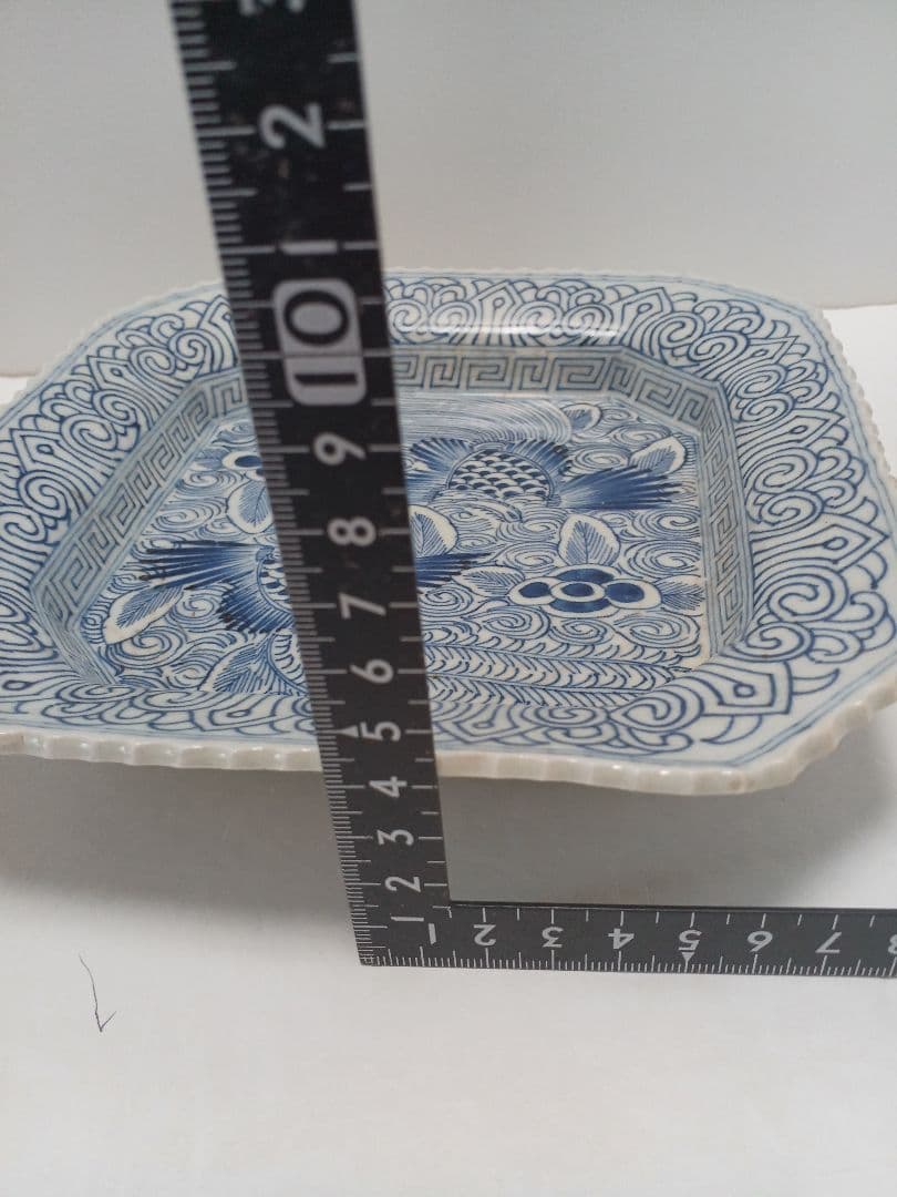 骨董伊万里　線描　染付　鳳凰文　角皿　隅切　1客