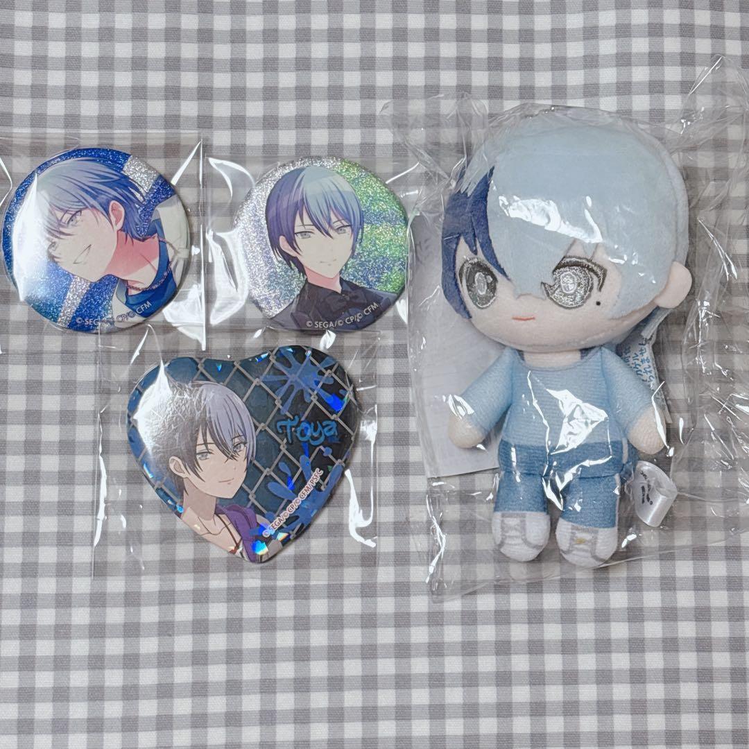 プロセカ 青柳冬弥 はぴこれ くじ A賞 ぬいぐるみ グリッター缶バッジ