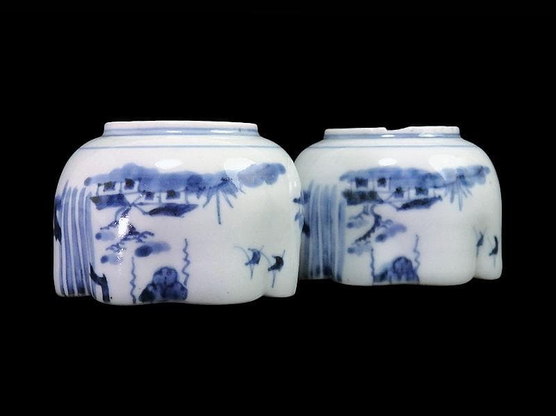 古伊万里　染付　山水の図　変形向付　２客　B072AS-fbvb