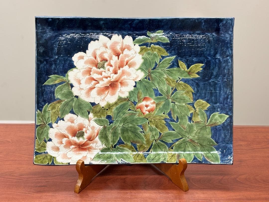 牡丹【一点物】京焼 清水焼 陶あん 色絵付け 飾り皿 約40cm×54cm 大皿