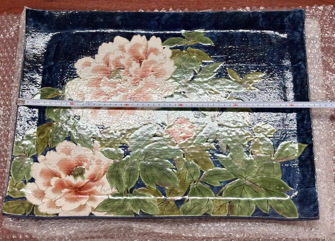 牡丹【一点物】京焼 清水焼 陶あん 色絵付け 飾り皿 約40cm×54cm 大皿