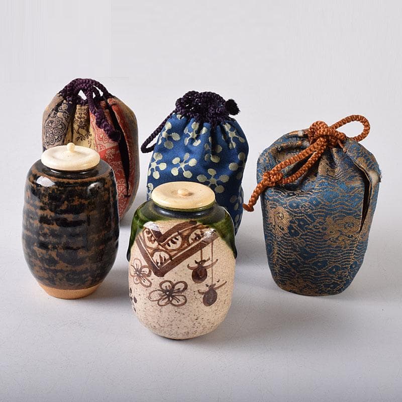 すみれ　織部焼　瀬戸焼　肩衝茶入　2点　仕覆3点　まとめて　C　7620