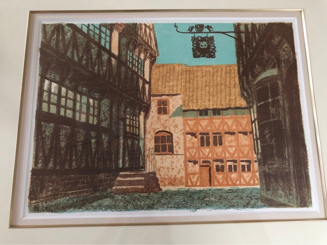 東山魁夷　覆製リトグラフ「オールフスの古い町」古き町にて〜北欧紀行より