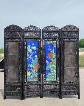 ローズウッド磁器板絵屏風6連