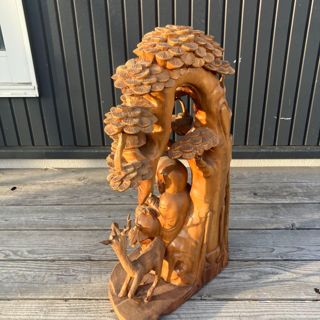 昭和レトロ 天然木 一刀彫 極上彫 七福神 寿老人 鹿 大型 置物 オブジェ