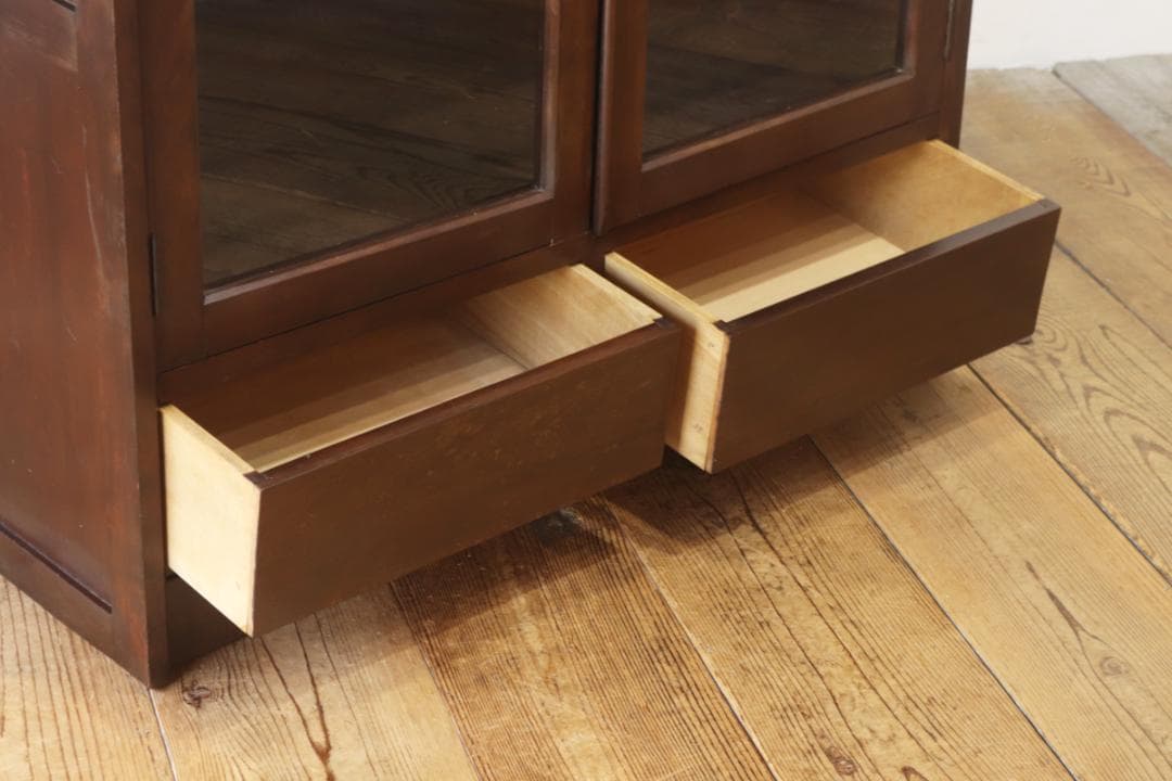 レトロ ガラスキャビネット 本箱 収納 食器棚 ラック 引き出し 抽斗 2杯