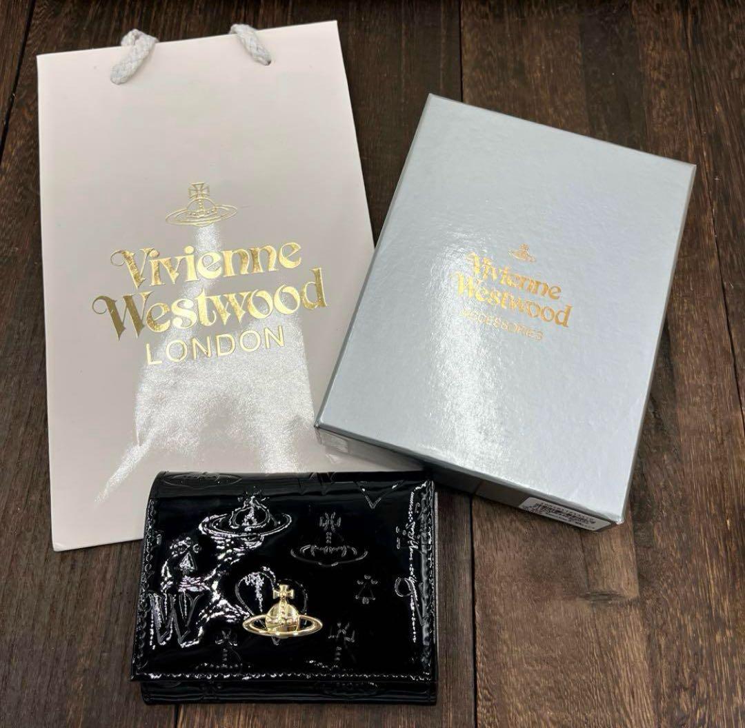 新品未使用　ヴィヴィアンウエストウッド 三つ折財布　黒　エナメル　がま口　⑧