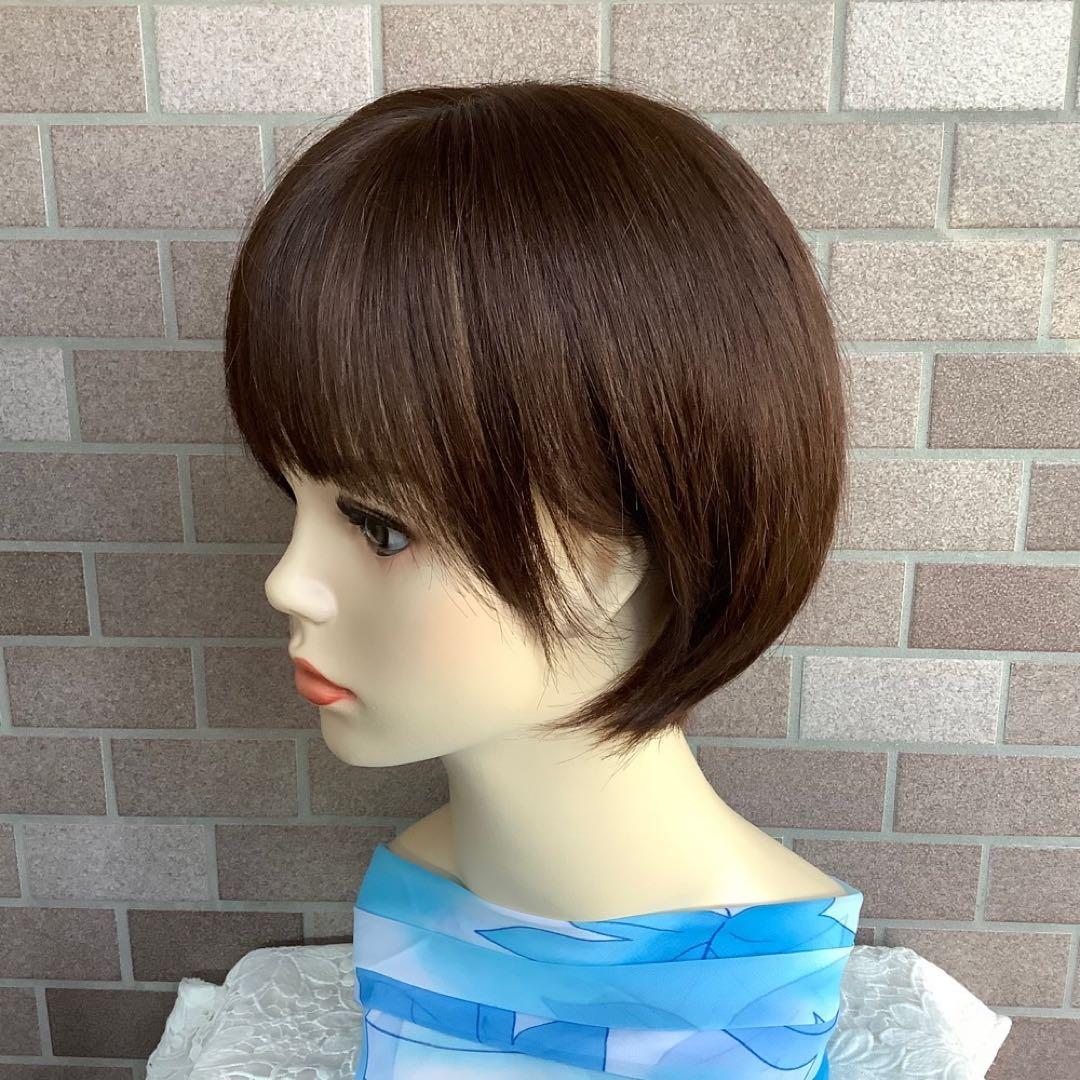 人毛100% 手植え医療用 フルウィッグ ウィッグ ショート ブラウン 3D前髪