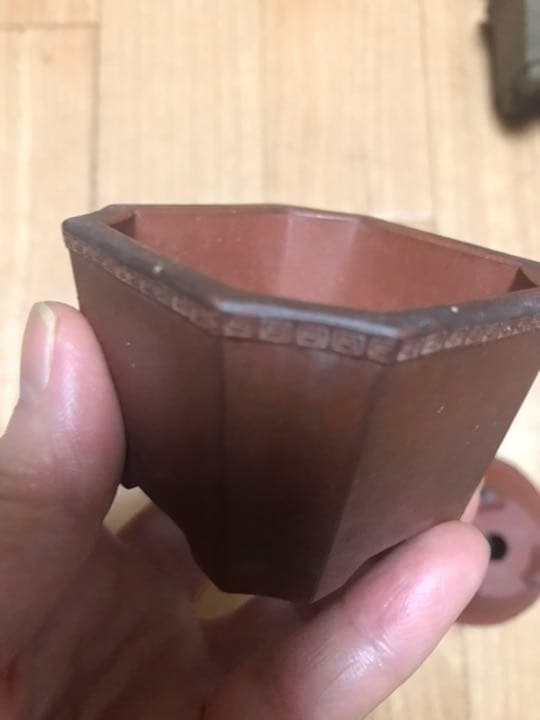 盆栽鉢紫砂朱泥4個中国宜興雷紋正方角切り鉢、文山絵付豆鉢2個落款無雲足陣笠鉢