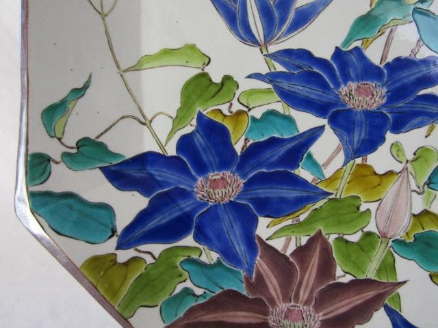 Y5-1012◇九谷焼 健作 鉄仙色絵文 大皿 八角皿 飾皿 巾43ｃｍ◇