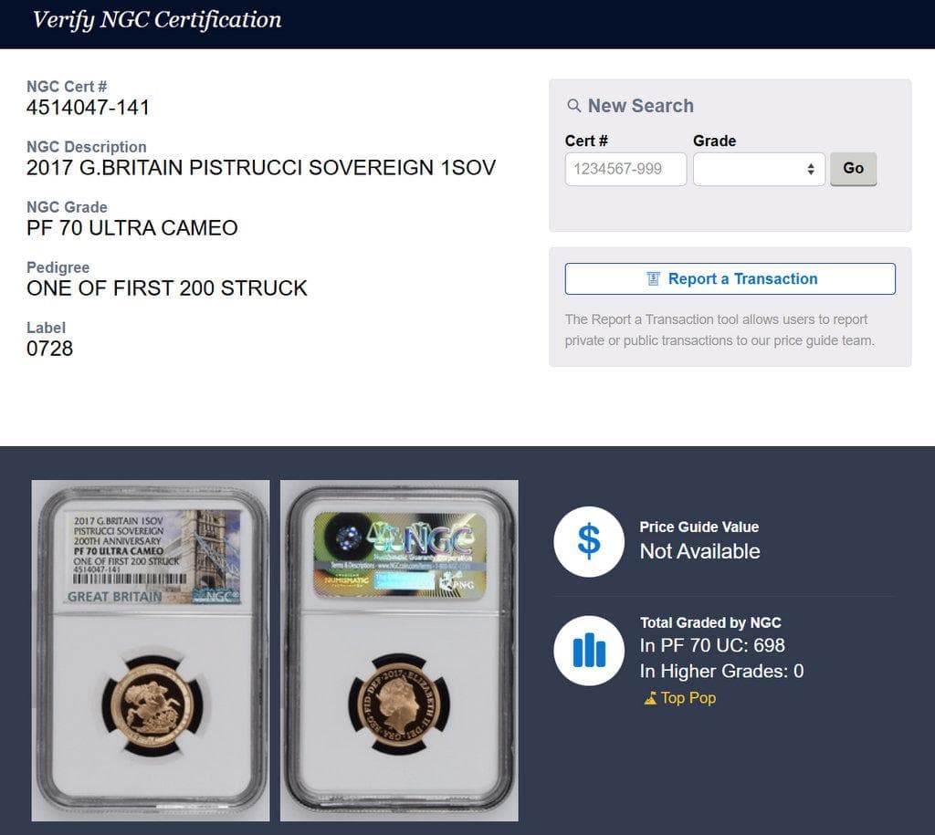 2017年イギリス 近代ソブリン発行200周年記念ソブリン NGC PF70UC