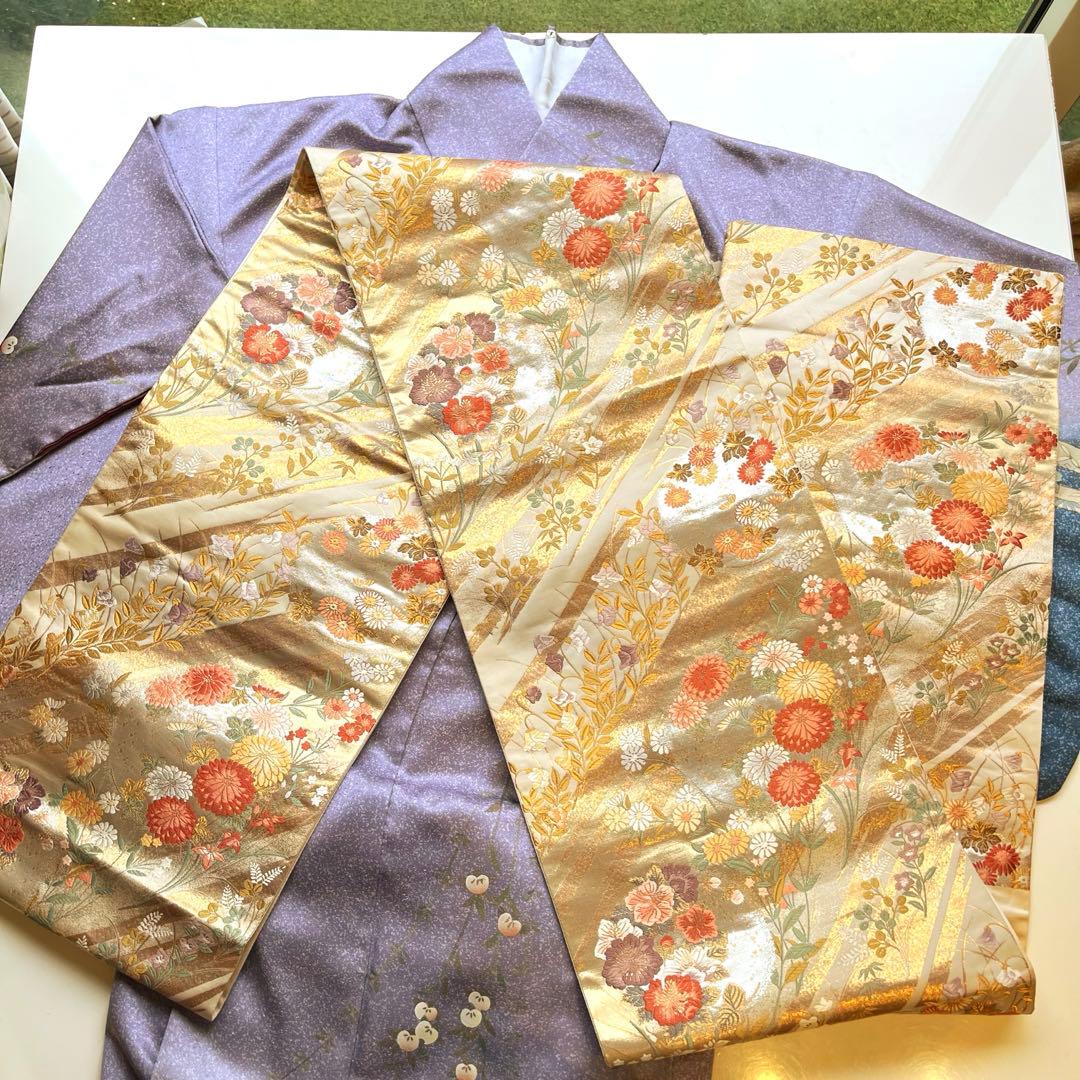 薄紫色の花柄京友禅訪問着・花柄刺繍帯・帯揚げ・帯締め・長じゅばんフルセット