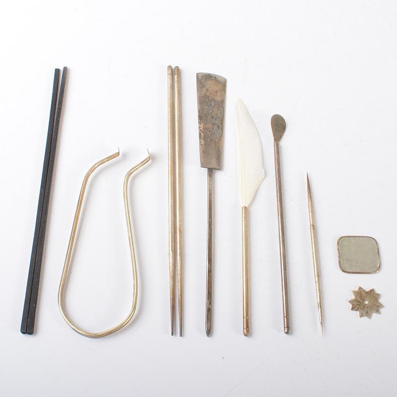 煎茶道具　唐木製　煎茶盆　香盆　火道具　七つ道具　香箸　銀葉挟など　VR6608