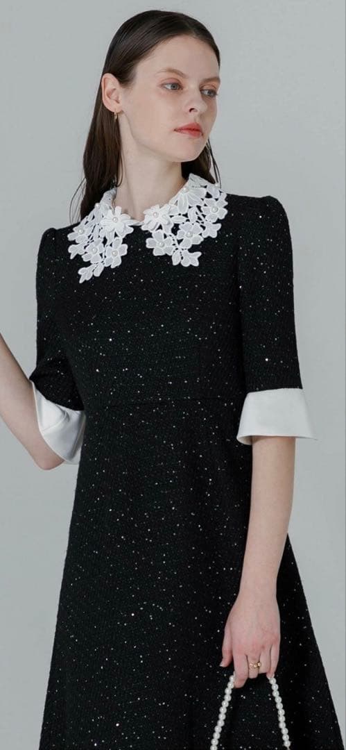 【LEJA】ドレス 花柄レースカラースパンコールAラインワンピースドレス