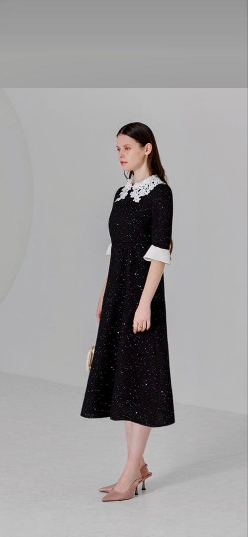 【LEJA】ドレス 花柄レースカラースパンコールAラインワンピースドレス