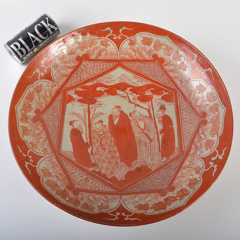 九谷焼　古九谷　赤絵　人物文　大皿　飾皿　角福銘　直径約36cm　MR7218B