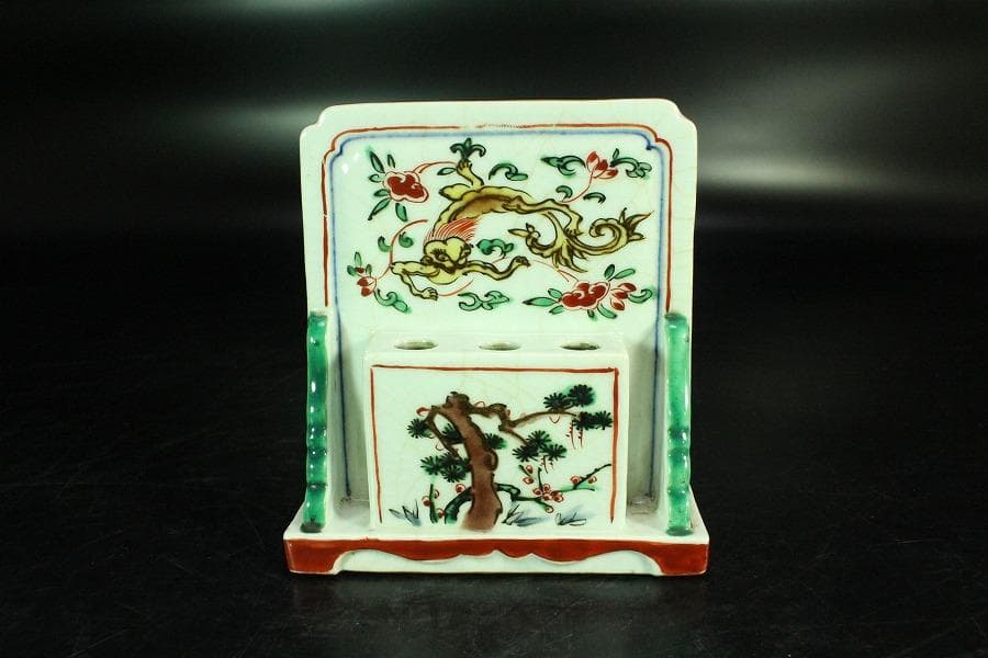 中国美術 色絵 唐子紋 硯屏 文房四宝(K-A944)