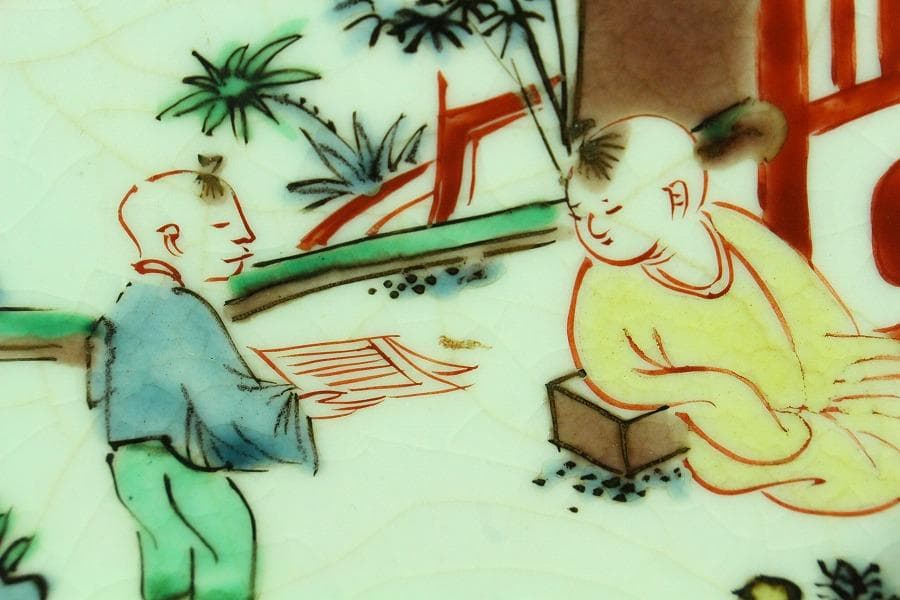 中国美術 色絵 唐子紋 硯屏 文房四宝(K-A944)