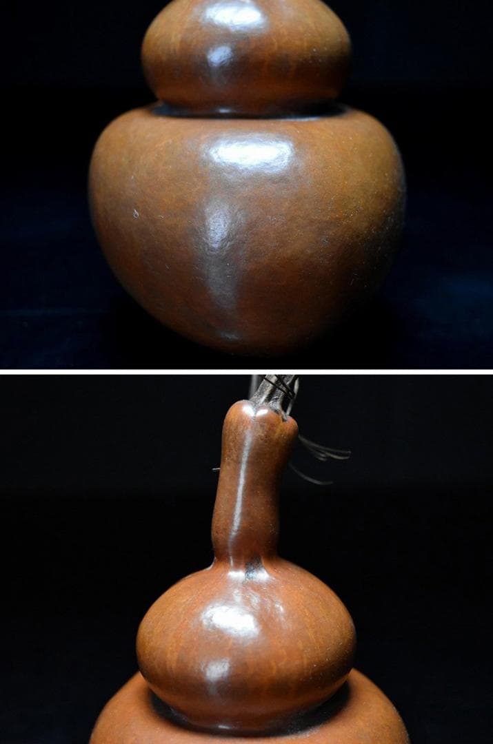 【匏】　★ 匏器 文玩葫芦 ★　清朝期　長頸 茎付 経年色艶　文房珍玩