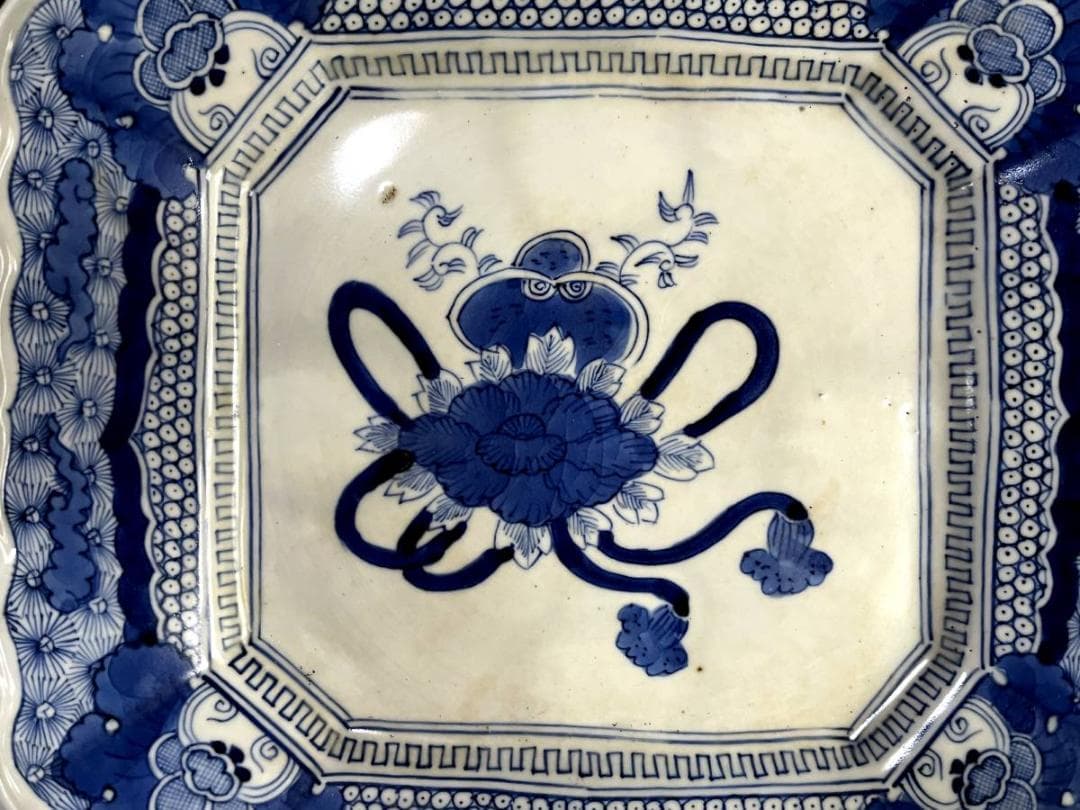 大皿■江戸中期 染付花唐草 牡丹 菊紋 凱 飾り皿 青華 古美術 時代物 骨董■