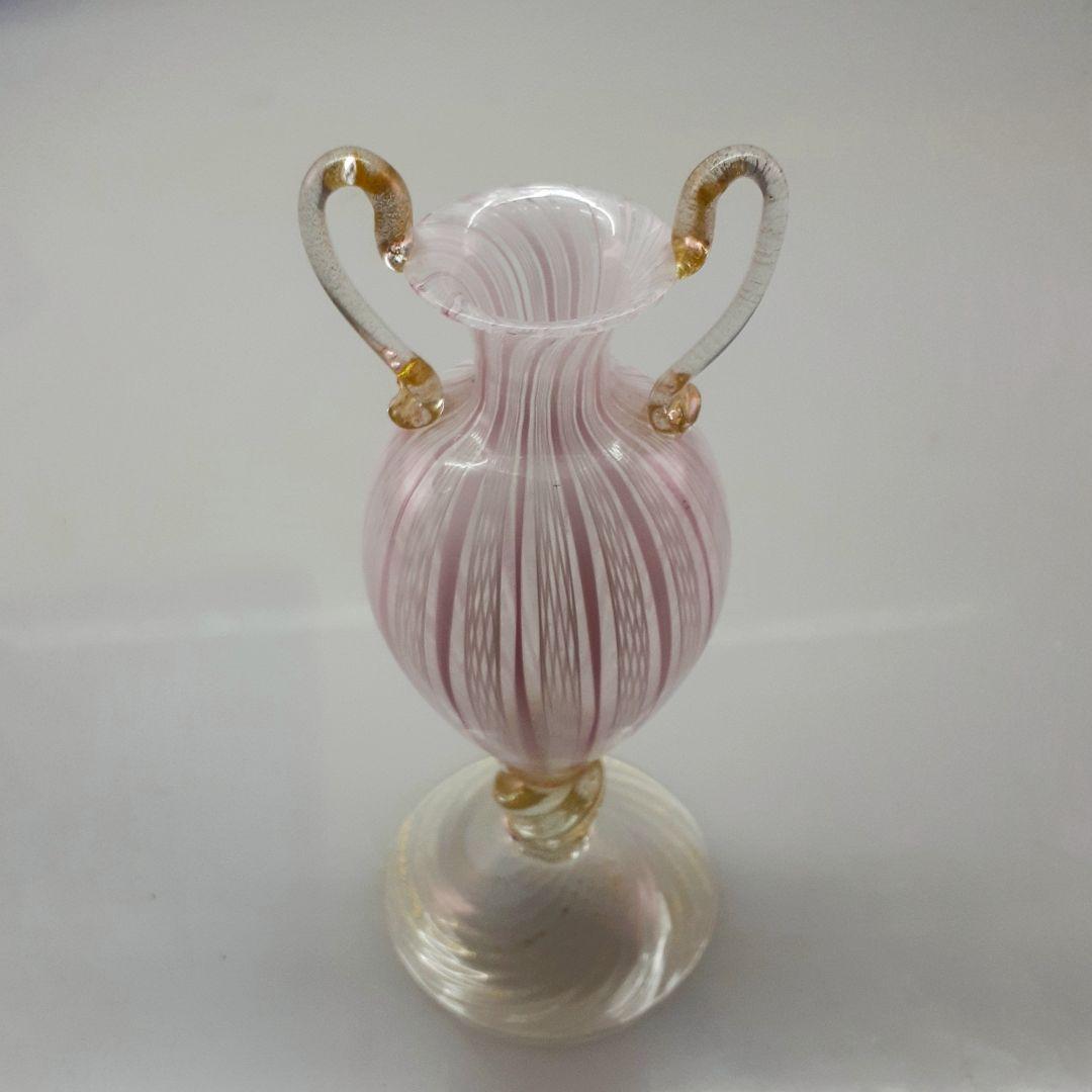 MURANO GLASS ムラノ 金彩 双耳 ホワイト レース ピンク 花器