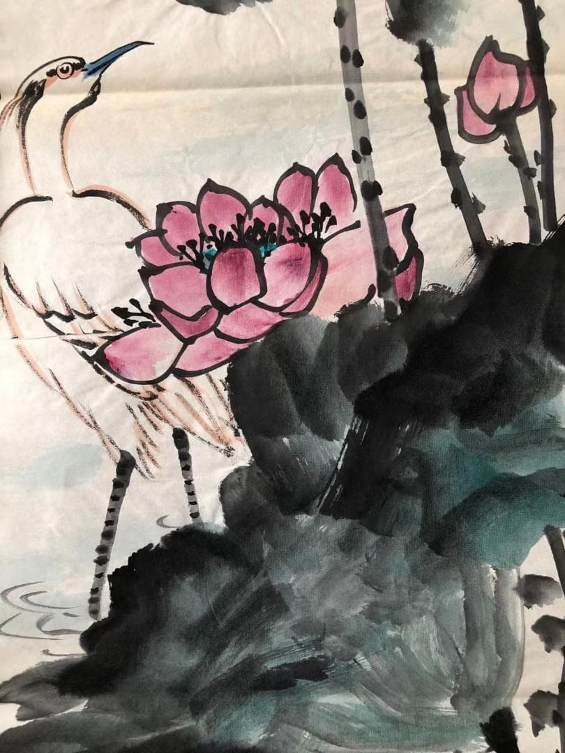 中国美術・純手描き四連花鳥蓮画芯・水墨画・啓功印款・肉筆・宣紙・茶道・国画・文房