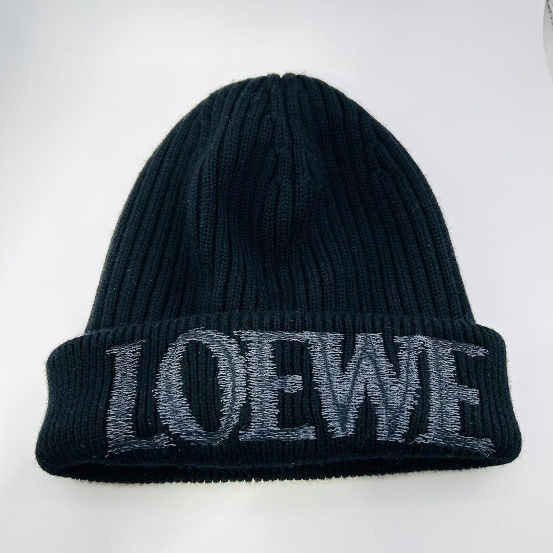 ✨極美品✨　ロエベ　ニット帽　ビーニー　刺繍ロゴ　リブ編み　ウール　ブラック