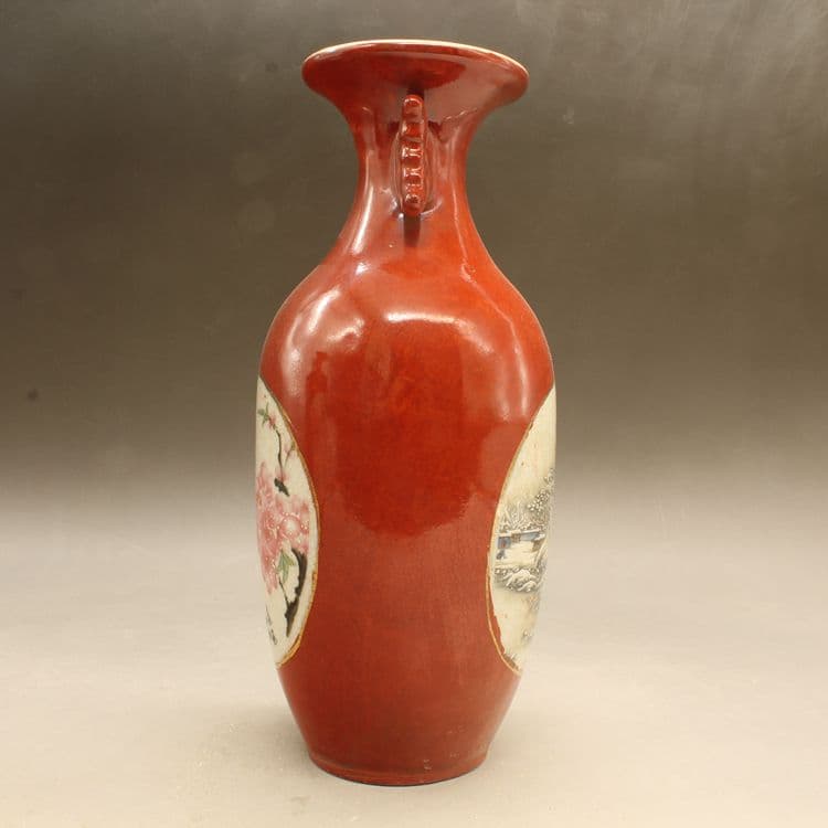 紅釉花鳥雪景瓶 景徳鎮 陶磁器 装飾品 工芸品 美術品 置物