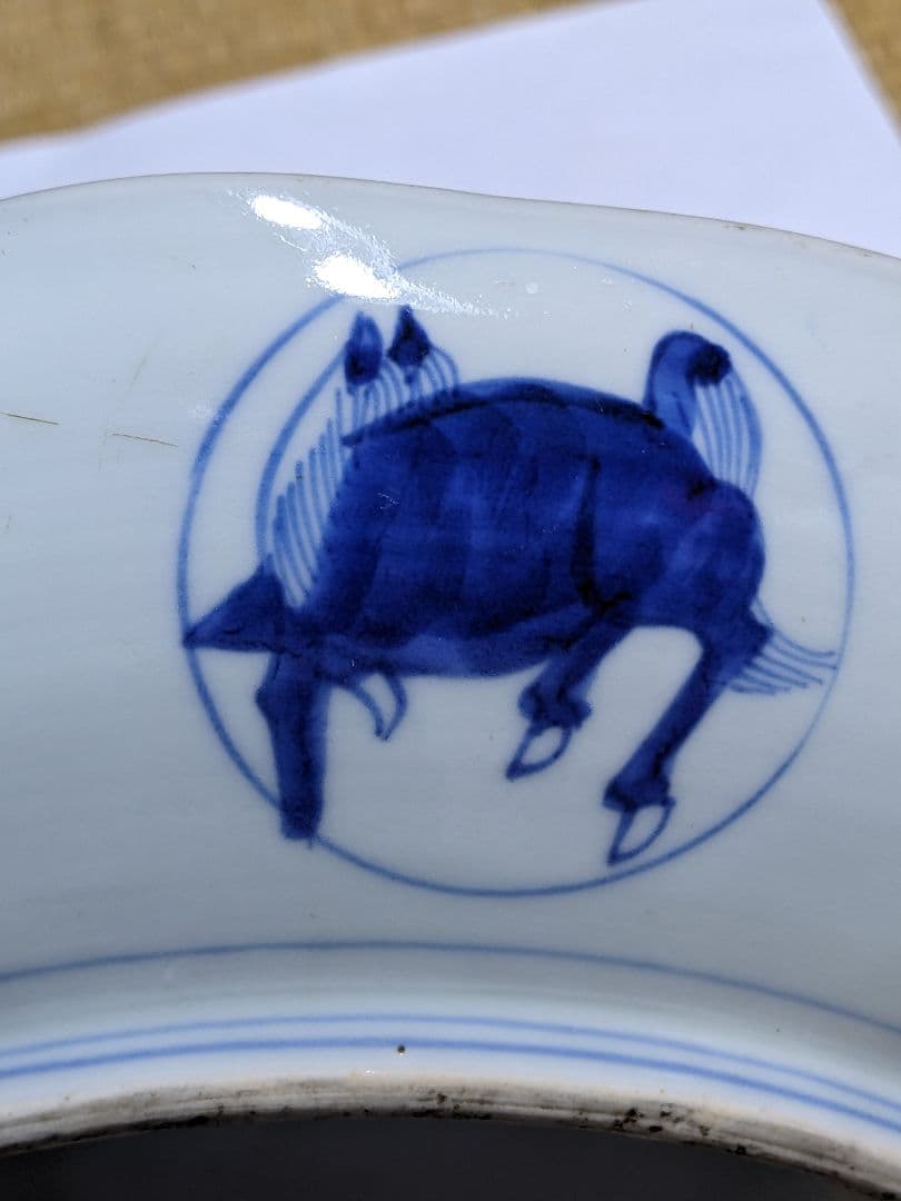 ♦江戸時代 1700年 古伊万里 染付 花唐草 龍紋様 輪花大皿 干支飾り縁起物