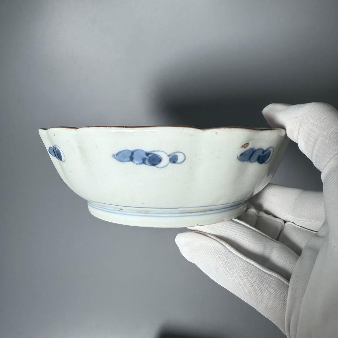 古伊万里　染錦　茄子文様菊花形皿　五客　名品　成化年製　蒐集家放出品　裏文様有