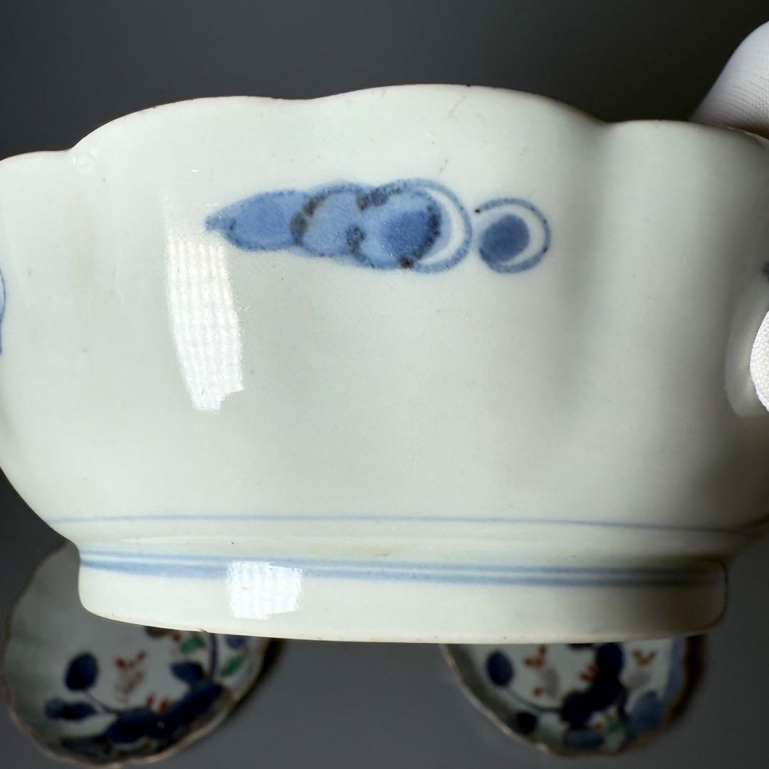 古伊万里　染錦　茄子文様菊花形皿　五客　名品　成化年製　蒐集家放出品　裏文様有