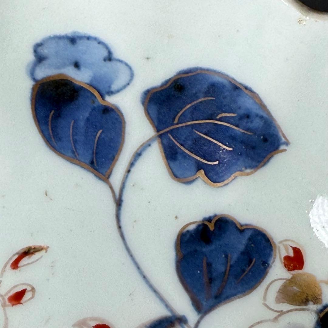 古伊万里　染錦　茄子文様菊花形皿　五客　名品　成化年製　蒐集家放出品　裏文様有