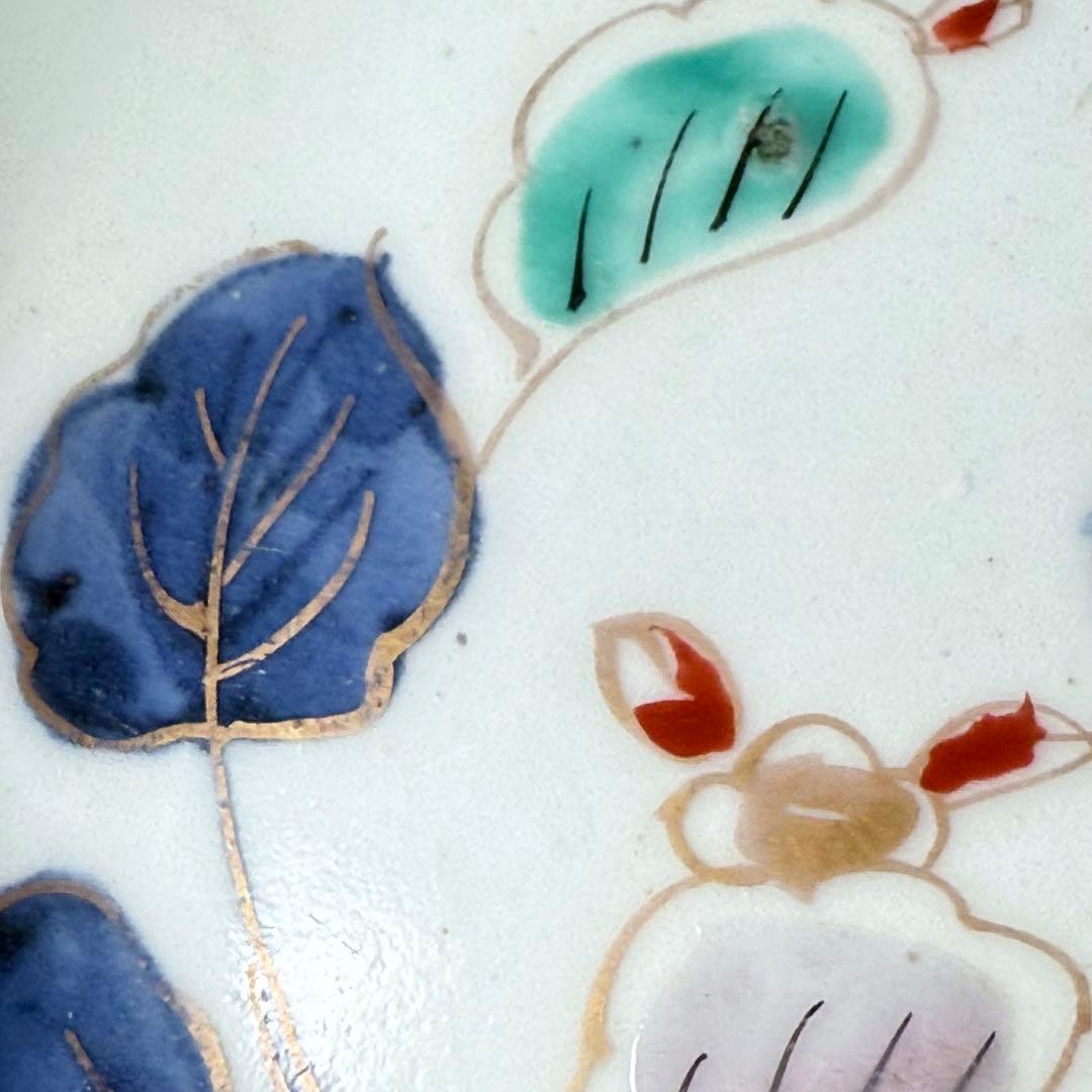 古伊万里　染錦　茄子文様菊花形皿　五客　名品　成化年製　蒐集家放出品　裏文様有