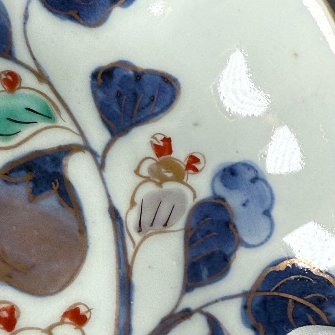 古伊万里　染錦　茄子文様菊花形皿　五客　名品　成化年製　蒐集家放出品　裏文様有