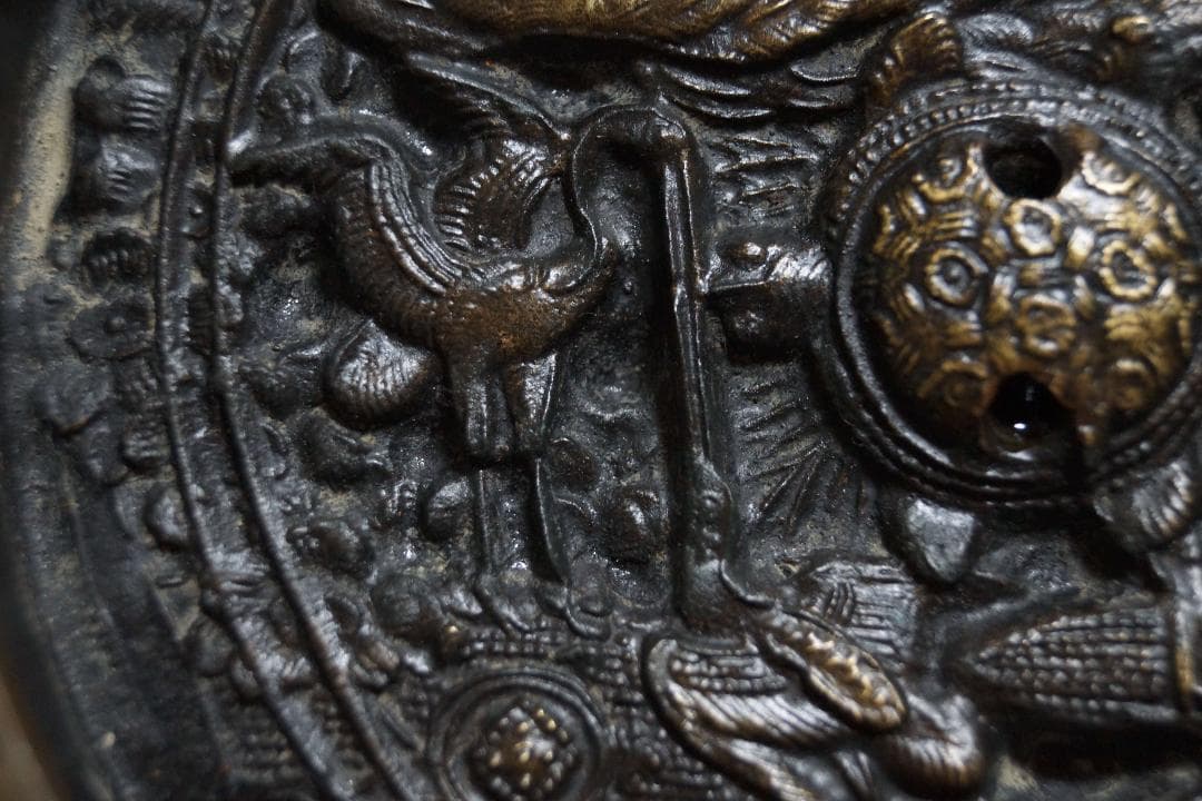 江戸時代 金工細工『鶴亀松文』天下一 古銅鏡 古鏡 和鏡☆時代物☆