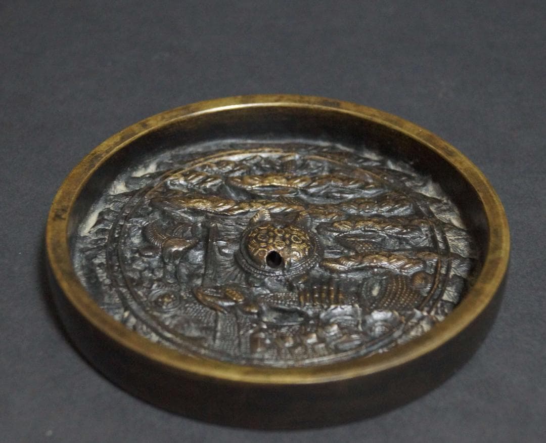 江戸時代 金工細工『鶴亀松文』天下一 古銅鏡 古鏡 和鏡☆時代物☆