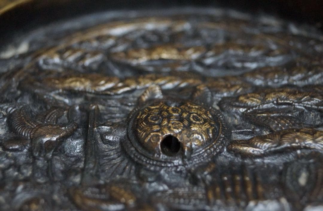 江戸時代 金工細工『鶴亀松文』天下一 古銅鏡 古鏡 和鏡☆時代物☆