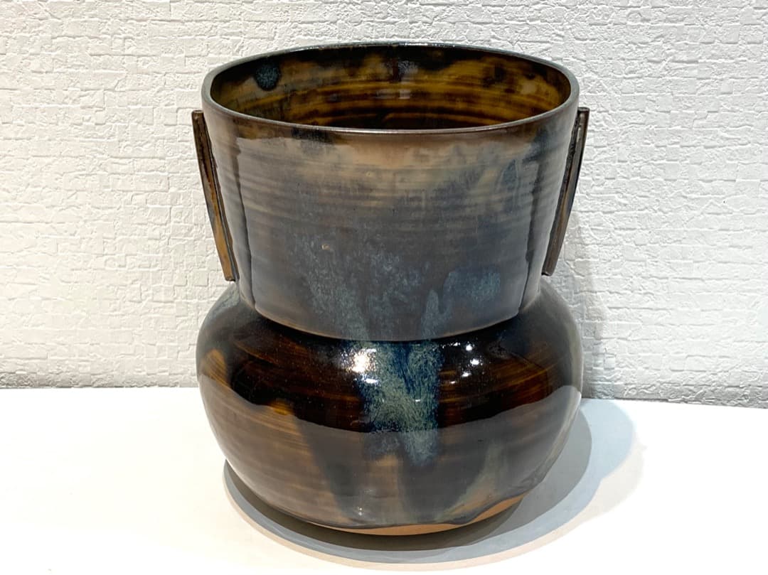 480-158【十四代　亀井味楽　高取　耳付水指】堀内宗完書付　アンコウ形　水差