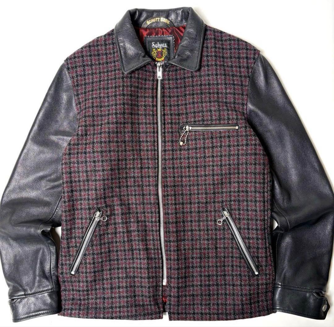 Schott レザー x ウール ライダースジャケット M 山羊革 チェック